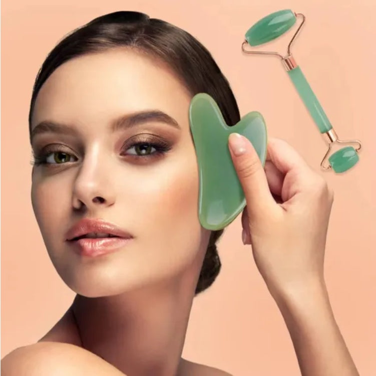 Jade Roller & Gua Sha Set - Natural Facial Massage Tool for Lymphatic Drainage & Glowing Skin